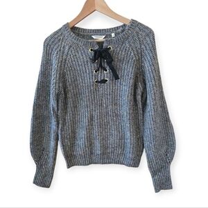 Naf Naf Knit Sweater Women Size M Pullover Long Sleeve Cozy Gray  Black Tie Fron